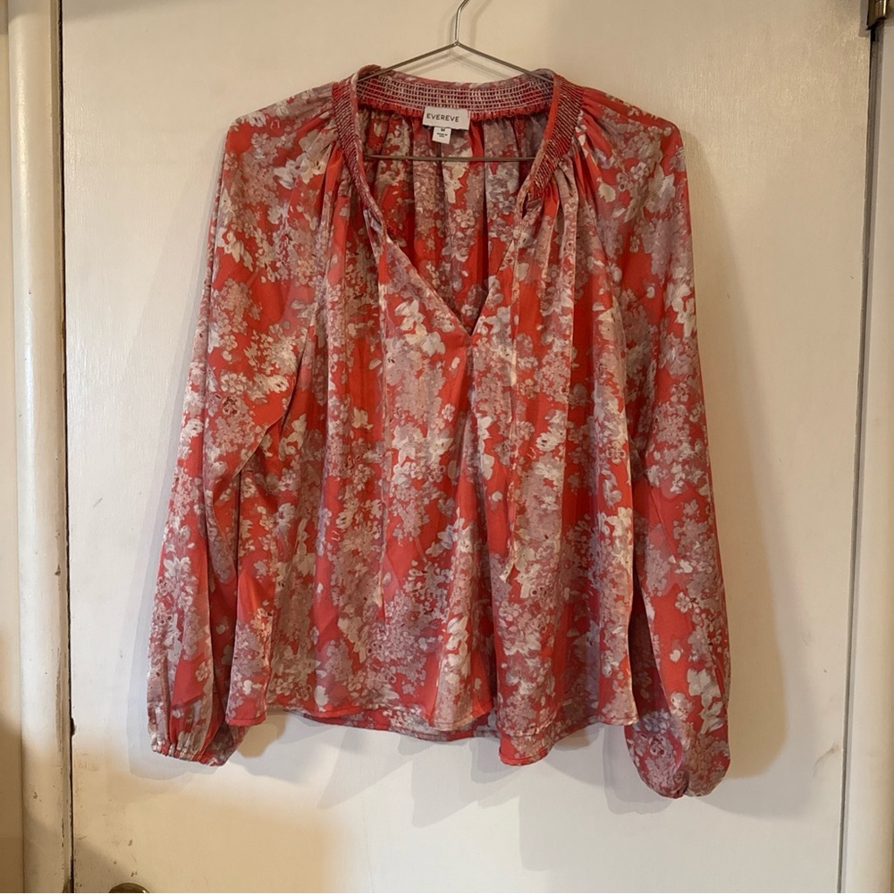 EVEREVE Keira Long Sleeve Floral Print Smocked Neck Blouse Top Size Medium